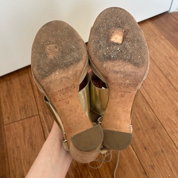 Authentic Jimmy Choo suede taupe & metallic block heels - Picture 5 of 5